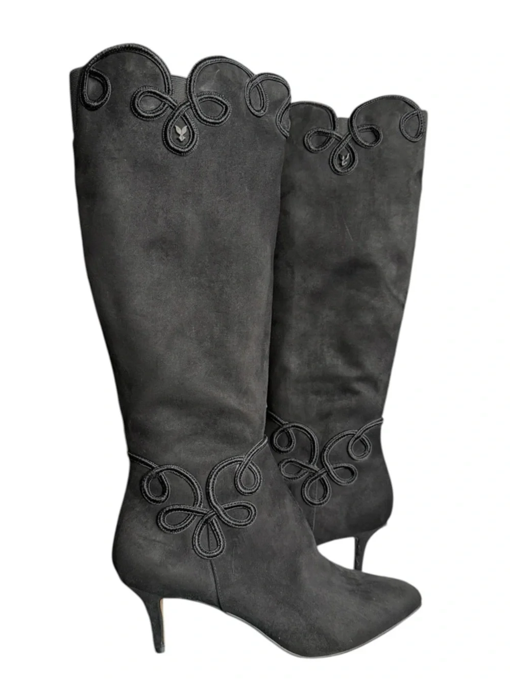 J.Renee Black Suede Knee High Boots Embroidered Pointed Toe Heel 11M Women